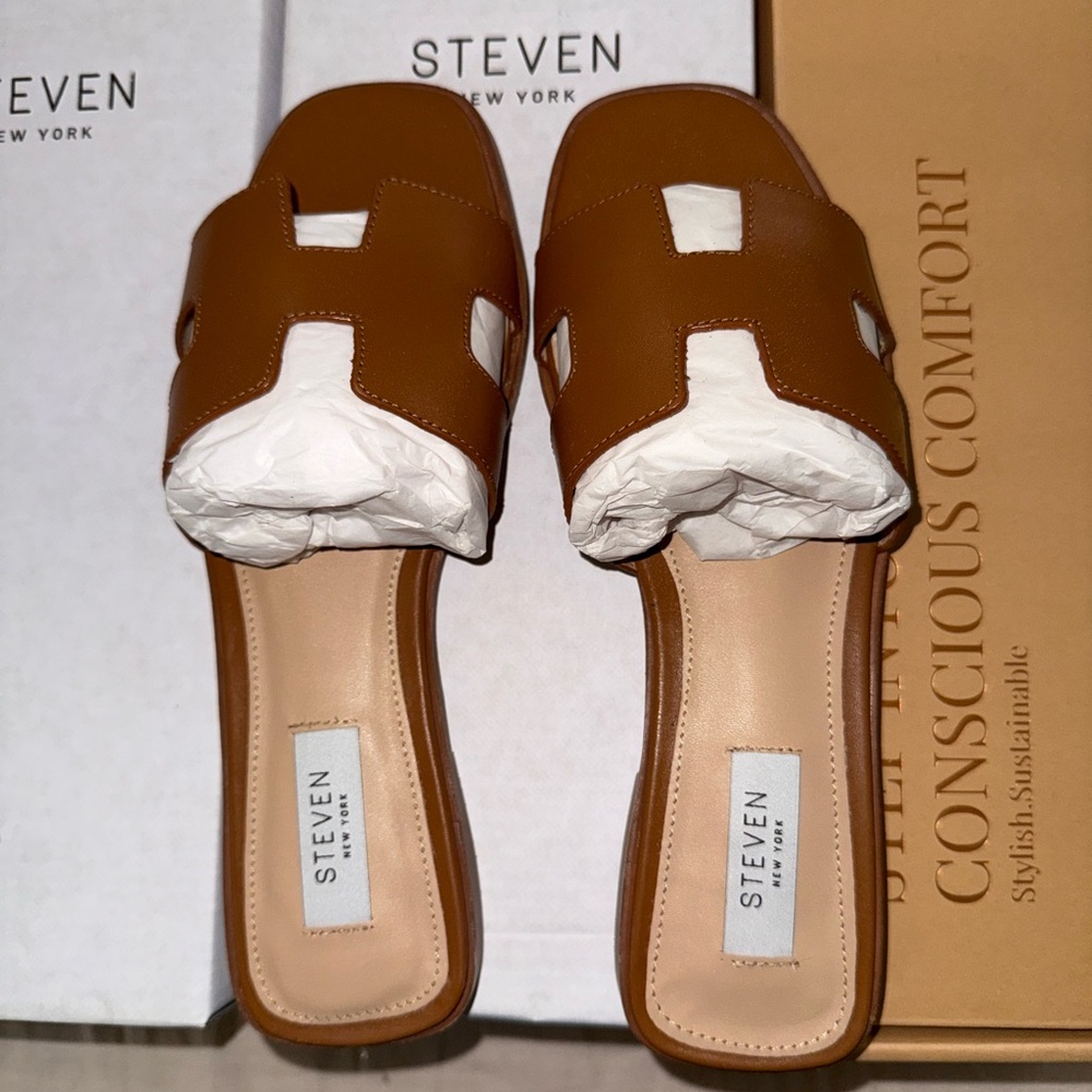 SOLD Steven NY Cognac Slide Sandals